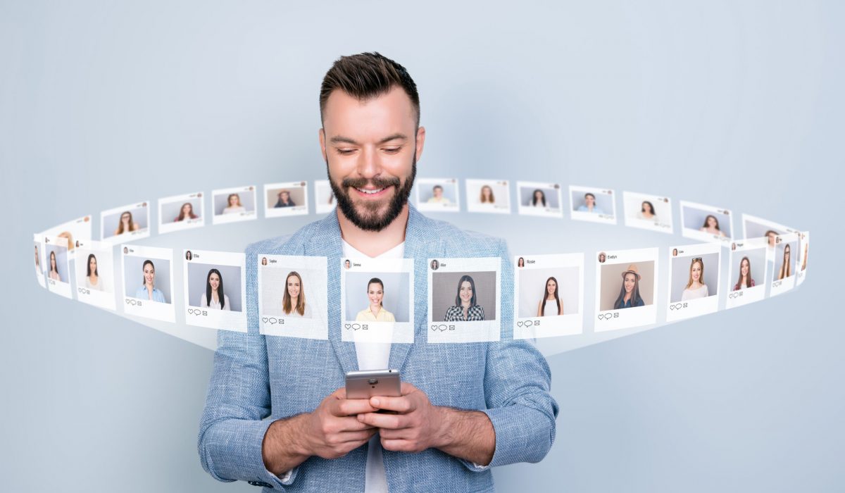 Close up photo interested he him his guy hold telephone addicted community mane friends trend addiction illustration pictures girls dating site futuristic creative design isolated grey background.
